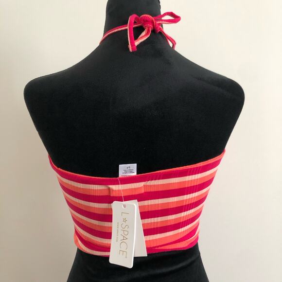 L*SPACE Paloma Top Small Striped Halter‎ Crop Top Red Pink Orange Cutout Detail - Picture 3 of 8